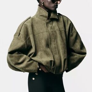 Zara Viral Green Suede Effect Bomber Jacket